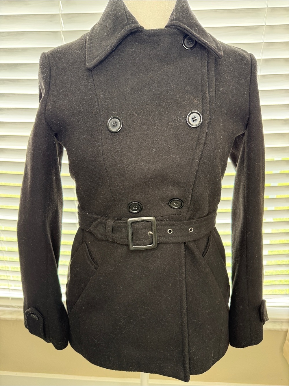 Womens Double-Breasted Belted Peacoat - Black